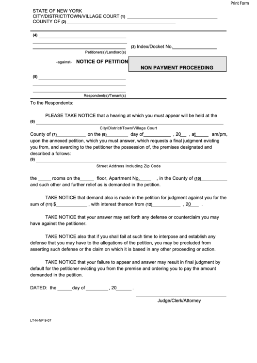 Fillable Form Lt-N-Np - Notice Of Petition Non Payment Proceeding Printable pdf