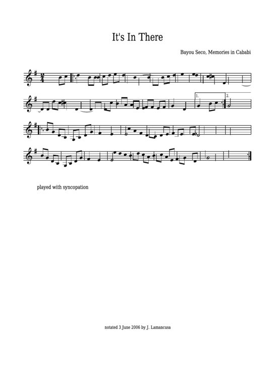 Bayou Seco - Its In There Sheet Music - Memories In Cababi Printable pdf