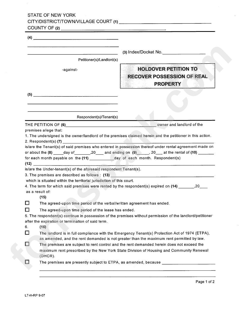 Form Lt-H-Rp - Holdover Petition To Recover Possession Of Real Property