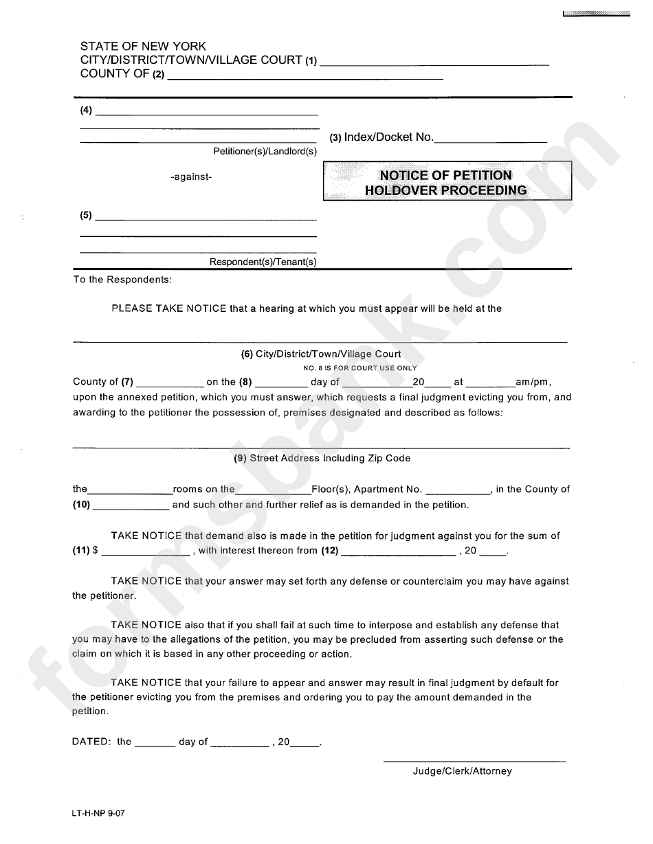 Form Lt-H-Np - Notice Of Petition Holdover Proceeding