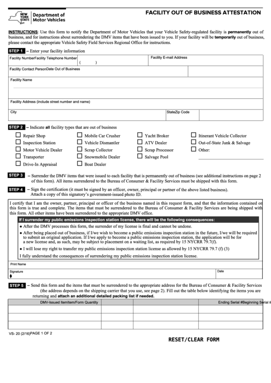 Fillable Form Vs-20 - Facility Out Of Business Attestation Printable pdf
