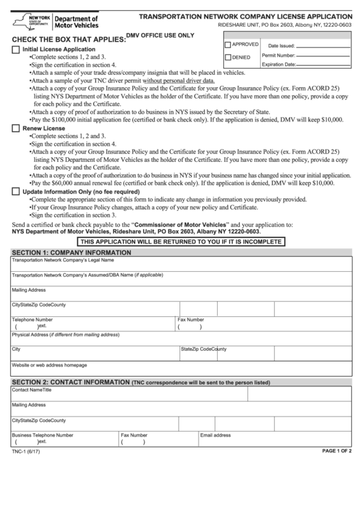 Fillable Form Tnc-1 - Transportation Network Company License Application Printable pdf