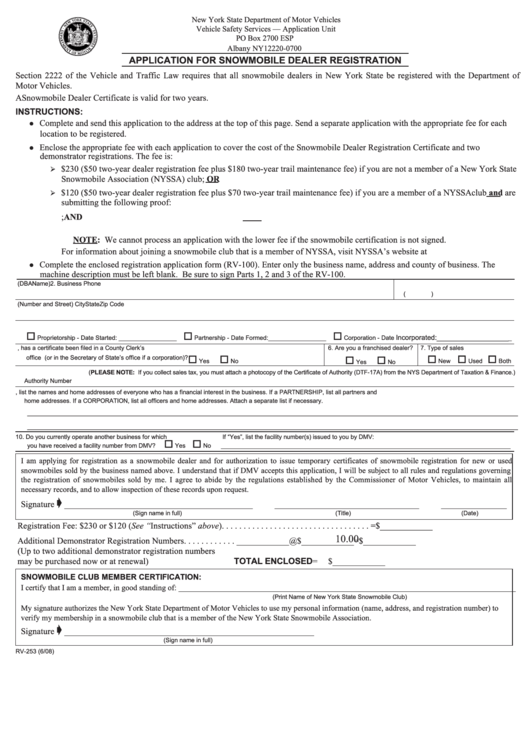 Form Rv-253 - Application For Snowmobile Dealer Registration Printable pdf