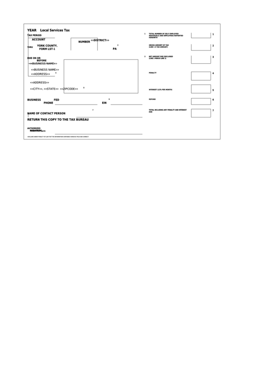 Form Lst-1 - Local Services Tax - York County, Pennsylvania Printable pdf