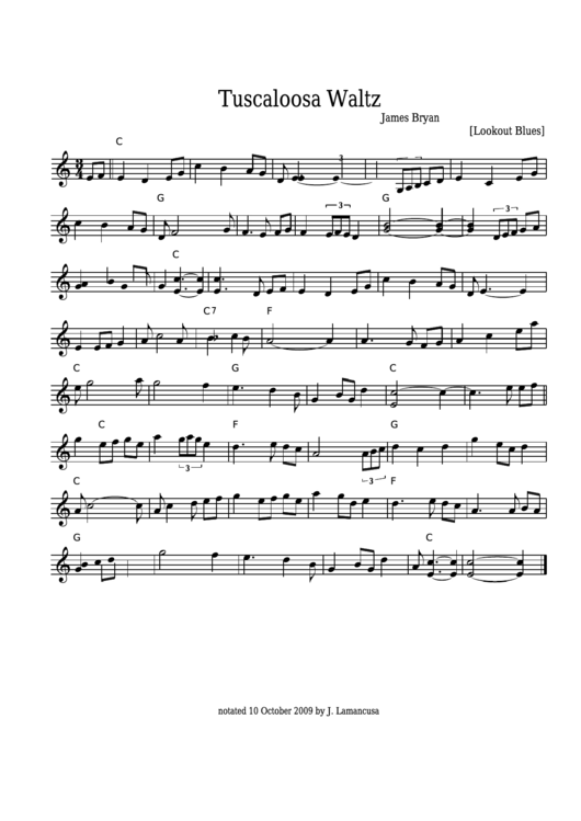 James Bryan - Tuscaloosa Waltz Sheet Music - Lookout Blues Printable pdf