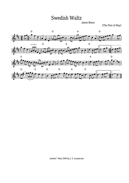 James Bryan - Swedish Waltz Sheet Music - The First Of May Printable pdf