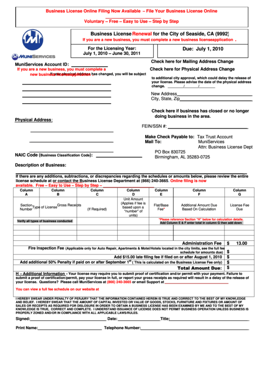 Business License Renewal For The City Of Seaside - State Of California Printable pdf