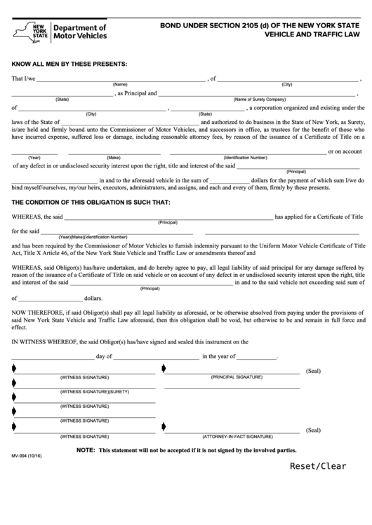 Fillable Form Mv-994 - Bond Under Section 2105 (D) Of The New York State Vehicle And Traffic Law Printable pdf