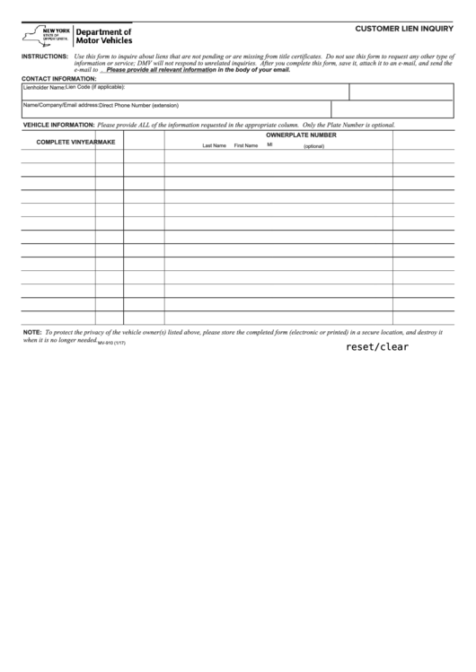 Fillable Form Mv-910 - Customer Lien Inquiry Printable pdf