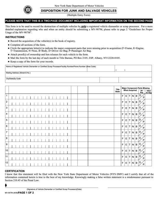 Form Mv-907m - Disposition For Junk And Salvage Vehicles Printable pdf