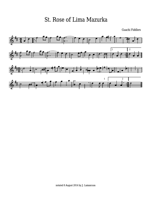 Guachi Fiddlers - St. Rose Of Lima Mazurka Sheet Music Printable pdf