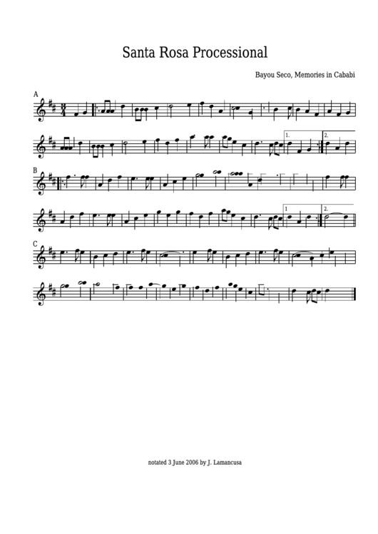 Bayou Seco - Santa Rosa Processional Sheet Music - Memories In Cababi Printable pdf