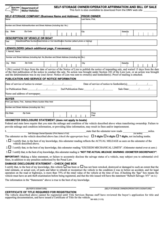 Form Mv-905 - Self-Storage Owner/operator Affirmation And Bill Of Sale Printable pdf
