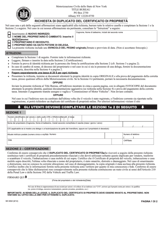 Form Mv-902i - Application For Duplicate Certificate Of Title (Italian) Printable pdf