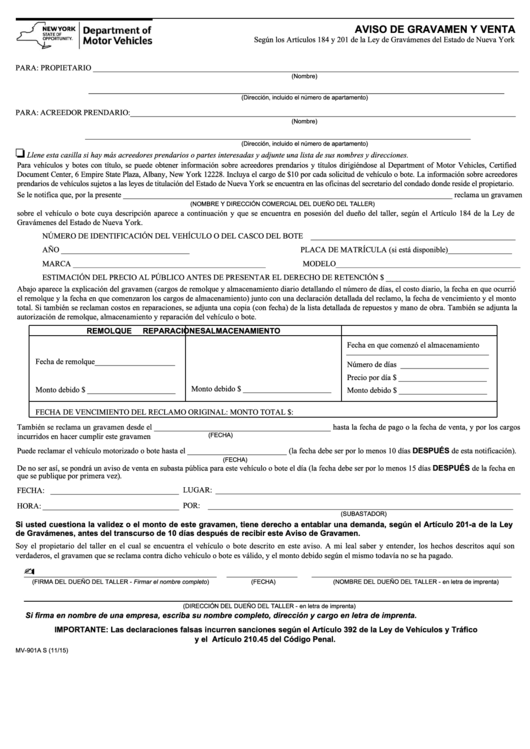 Form Mv-901a S - Notice Of Lien And Sale (Spanish) Printable pdf