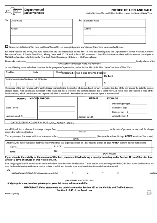 Form Mv-901a - Notice Of Lien And Sale Printable pdf