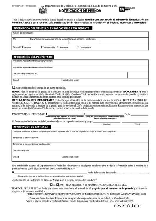 Form Mv-900sp - Notice Of Lien (Spanish) Printable pdf