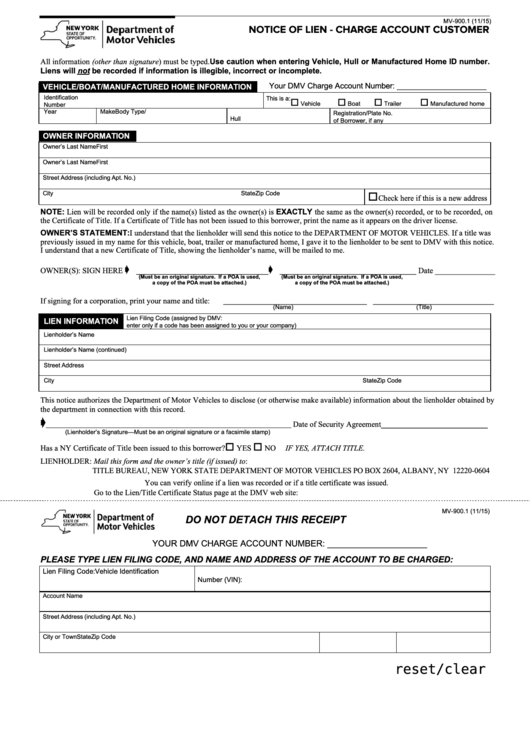 Form Mv-900.1 - Notice Of Lien - Charge Account Customer Printable pdf
