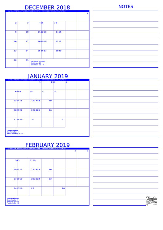 December 2018 - February 2019 Calendar Template Printable pdf