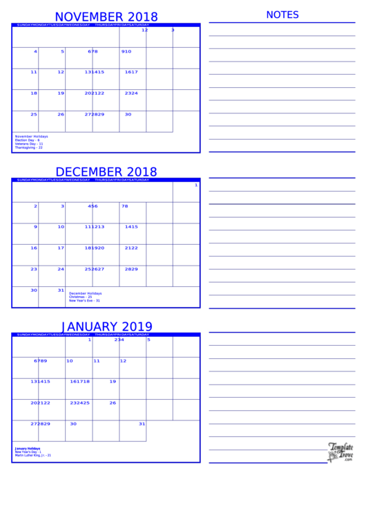 November 2018 - January 2019 Calendar Template Printable pdf