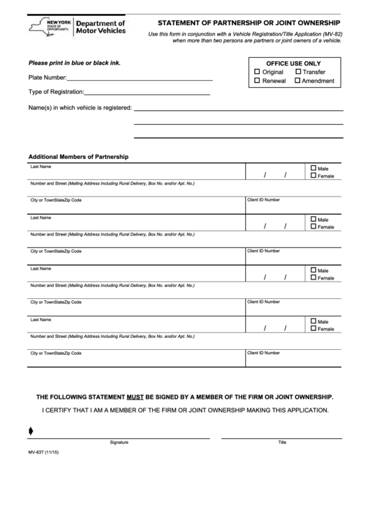 Form Mv-83t - Statement Of Partnership Or Joint Ownership Printable pdf