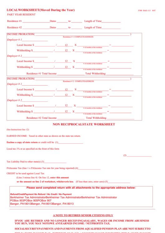 Form I301 - Local Earned Income Tax Return - Berkheimer Tax Administrator Printable pdf