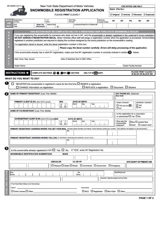 Form Mv-82sn - Snowmobile Registration Application Printable pdf