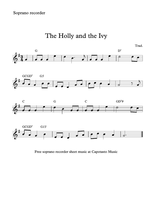 The Holly And The Ivy Soprano Recorder Sheet Music Printable pdf