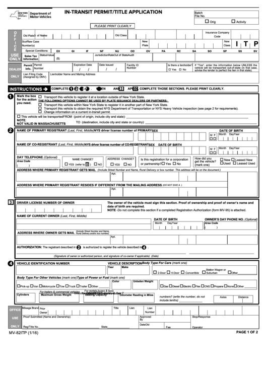 Form Mv-82itp - In-Transit Permit/title Application Printable pdf