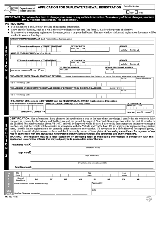 Form Mv82d Application For Duplicate/renewal Registration printable