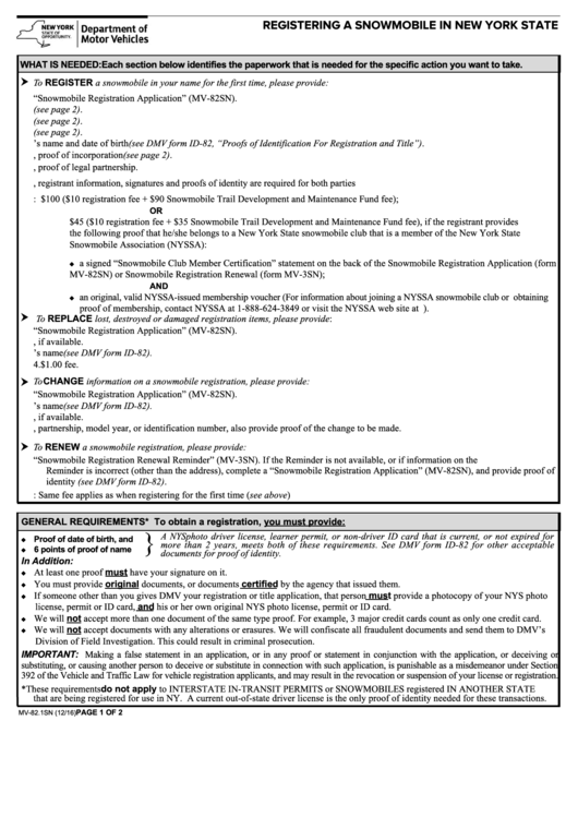 Form Mv 82 1sn Registering A Snowmobile In New York State Printable 