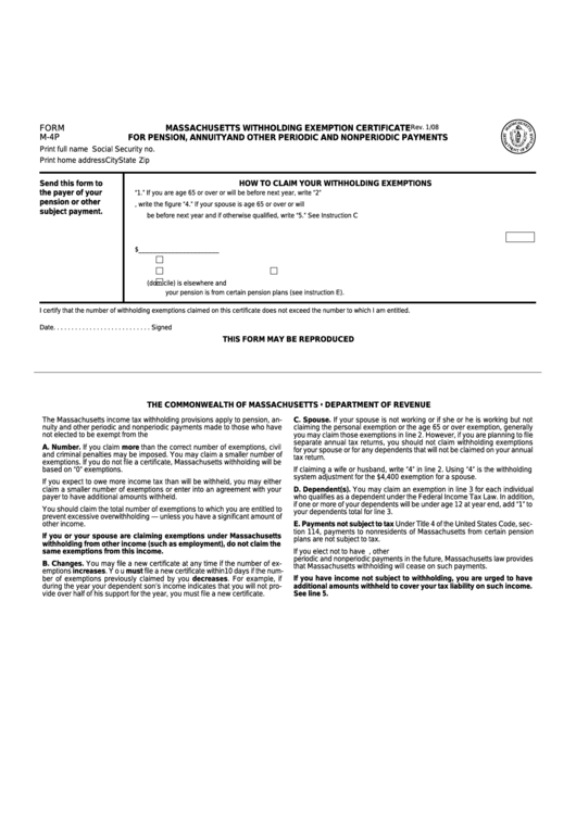 Form M-4p - Massachusetts Withholding Exemption Certificate For Pension, Annuity And Other Periodic And Nonperiodic Payments Printable pdf