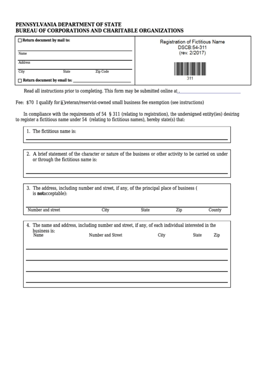 Fillable Form Dscb:54-311-2 - Registration Of Fictitious Name Printable pdf