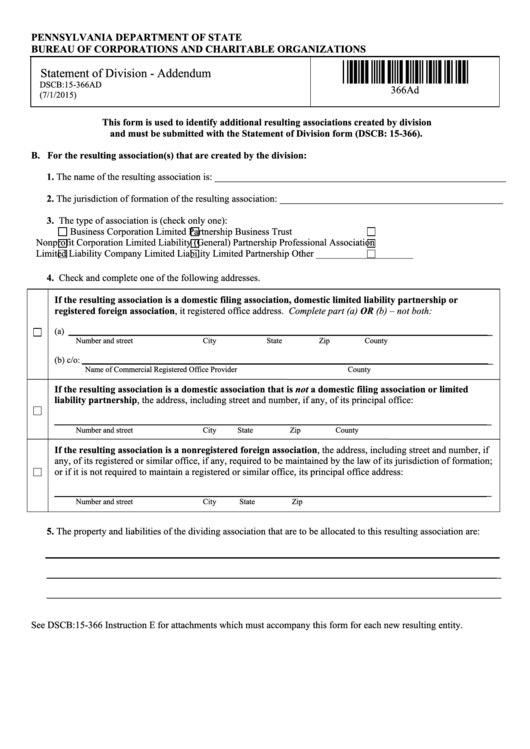 Form Dscb:15-366ad - Statement Of Division - Addendum Printable pdf