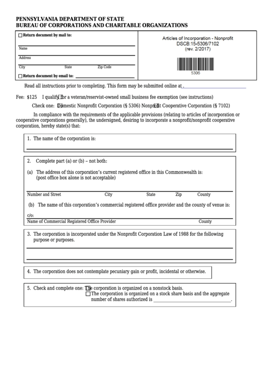 Fillable Form Dscb:15-5306/7102 - Articles Of Incorporation - Nonprofit Printable pdf