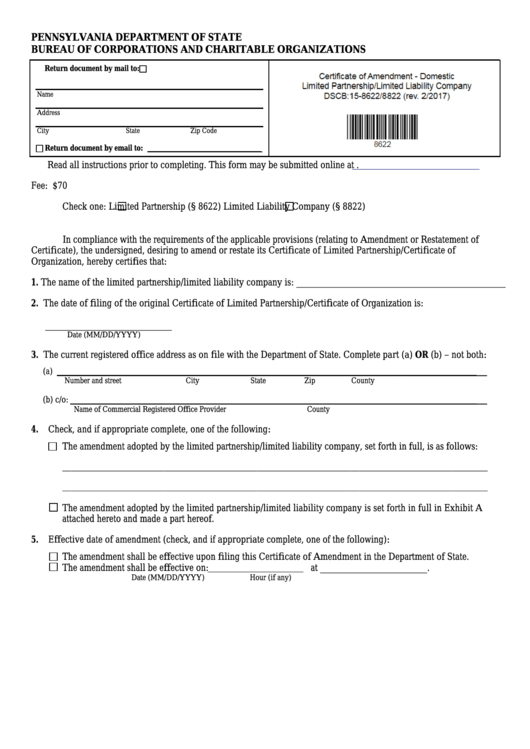 Fillable Form Dscb:15-8622/8822 - Certificate Of Amendment Printable pdf