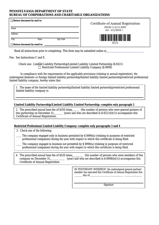 Fillable Form Dscb:15-8221/8998 - Certificate Of Annual Registration Printable pdf