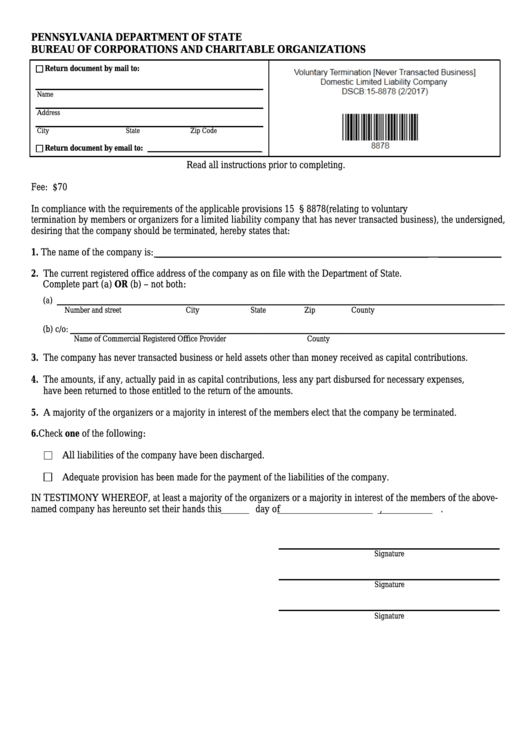 Fillable Form Dscb:15-8878 - Voluntary Termination [never Transacted Business] Domestic Limited Liability Company Printable pdf
