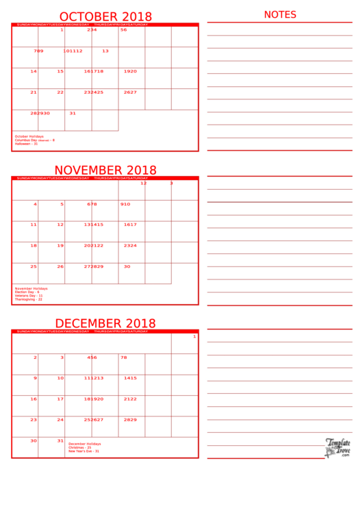 October - December 2018 Calendar Template Printable pdf