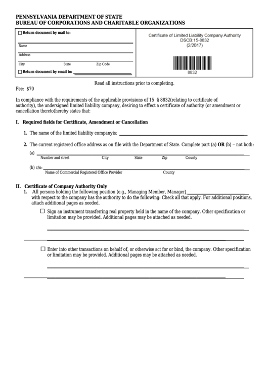 Fillable Form Dscb:15-8832 - Certificate Of Authority/amendment/cancellation Printable pdf