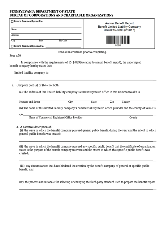 Fillable Form Dscb:15-8898 - Annual Benefit Report Benefit Limited Liability Company Printable pdf