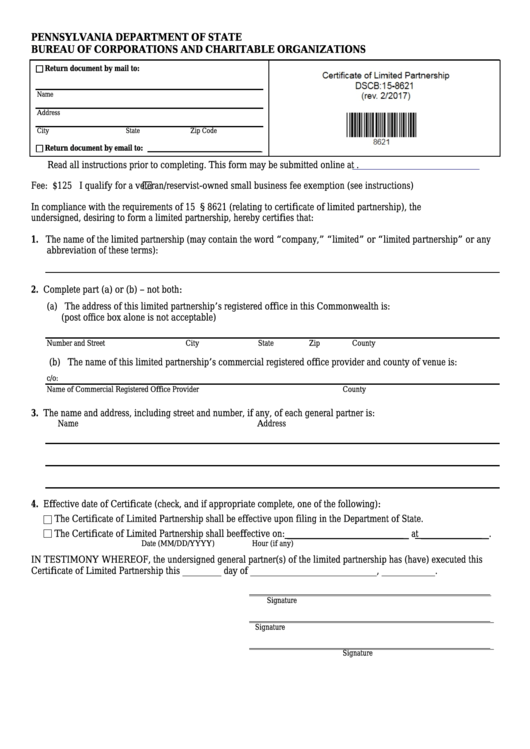 Fillable Form Dscb:15-8621 - Certificate Of Limited Partnership Printable pdf