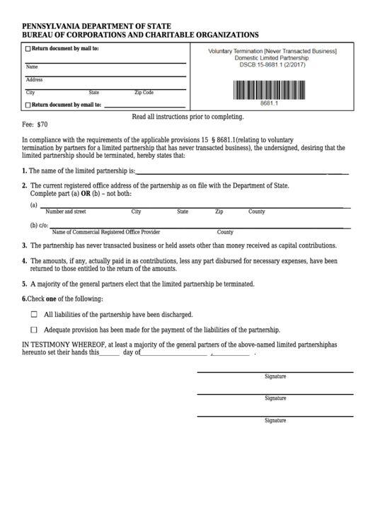 Fillable Form Dscb:15-8681.1 - Voluntary Termination [never Transacted Business] Domestic Limited Parthership Printable pdf