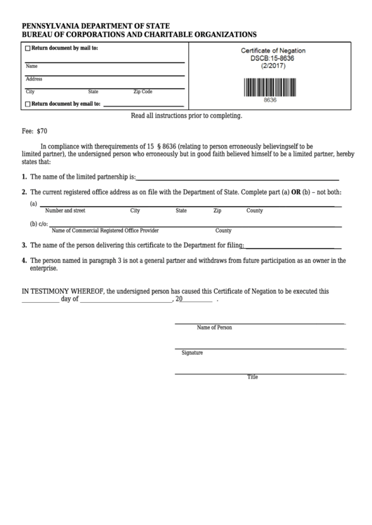 Fillable Form Dscb:15-8636 - Certificate Of Negation Printable pdf