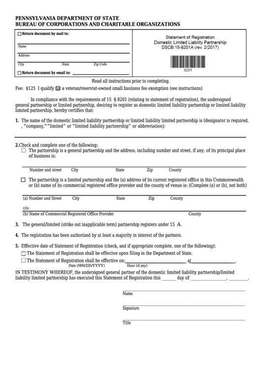 Fillable Form Dscb:15-8201a - Statement Of Registration - Domestic Registered Limited Liability Partnership Printable pdf