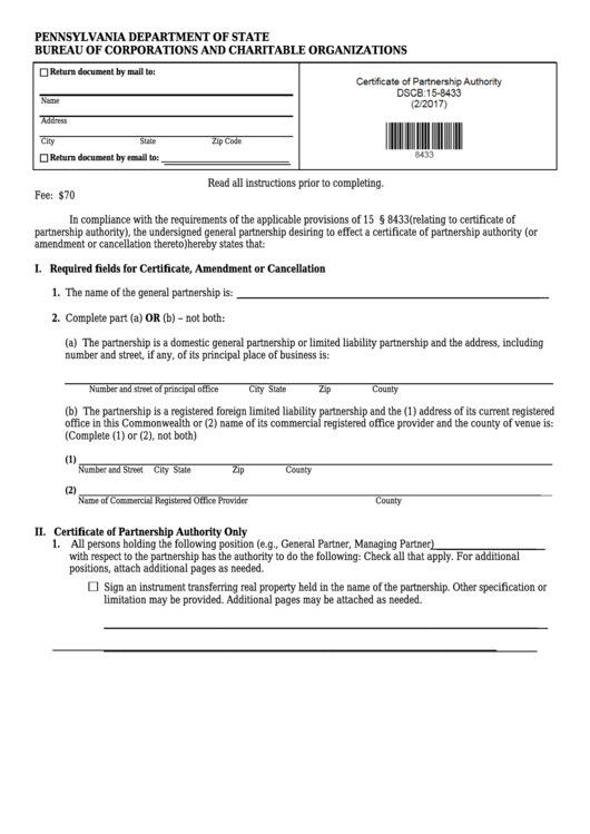 Fillable Form Dscb:15-8433 - Certificate Of Partnership Authority/amendment/cancellation Printable pdf