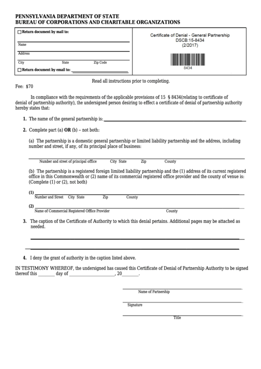 Fillable Form Dscb:15-8434 - Certificate Of Denial Of Partnership Authority Printable pdf
