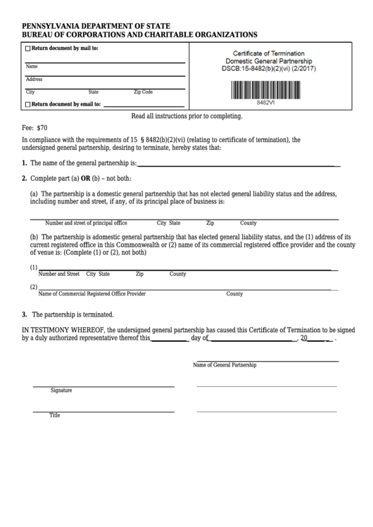 Fillable Form Dscb:15-8482(B)(2)(Vi) - Certificate Of Termination - General Partnership Printable pdf