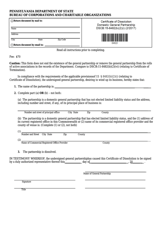 Fillable Form Dscb:15-8872(B)(2) - Certificate Of Dissolution - General Partnership Printable pdf