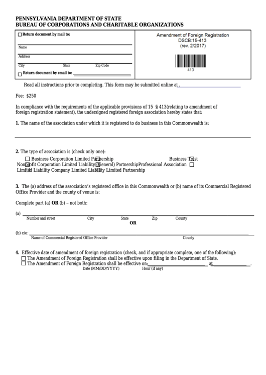 Fillable Form Dscb:15-413 - Amendment Of Foreign Registration Printable pdf
